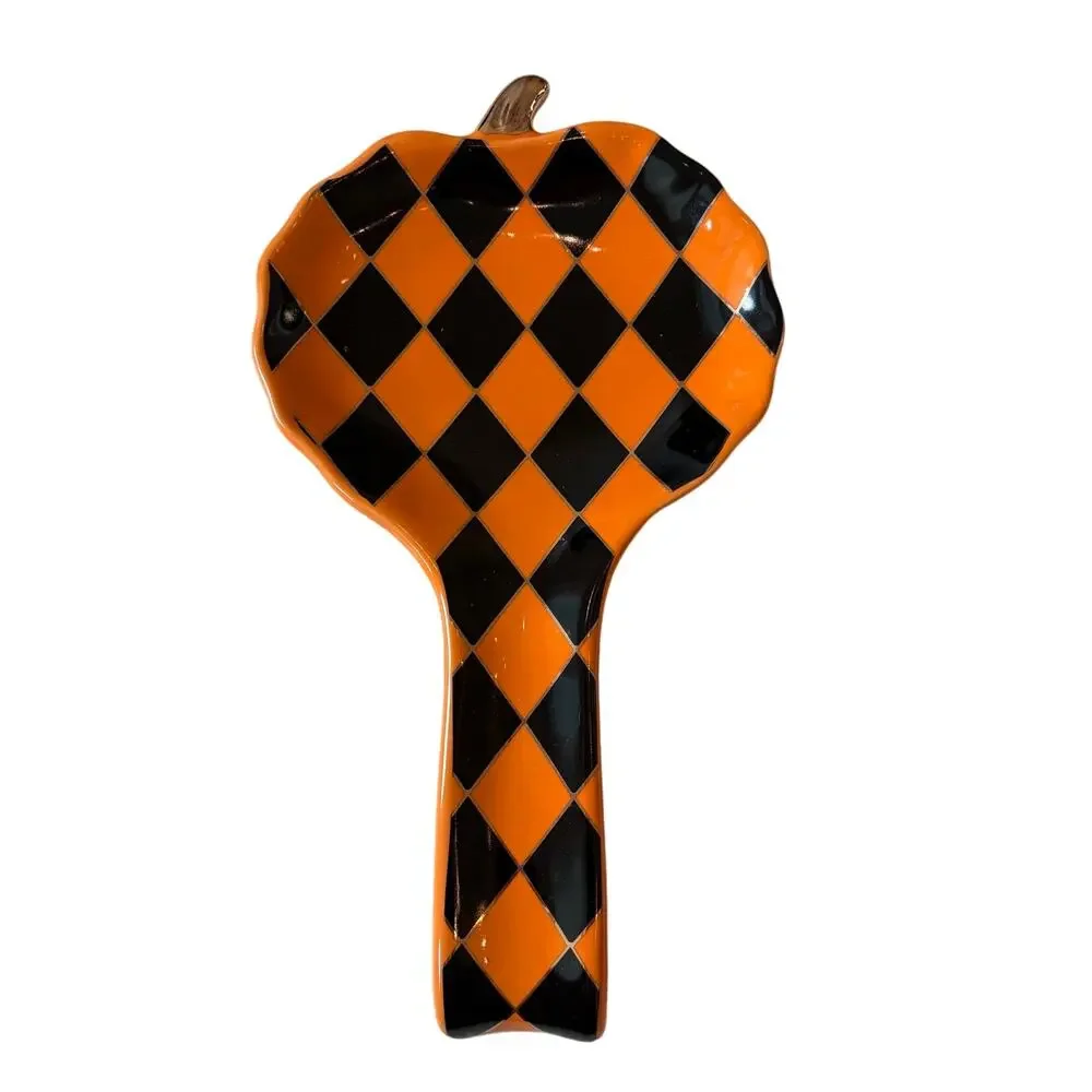 Black & Orange Harlequin Pumpkin Spoon Rest 10in Ceramic Checkered Halloween NEW
